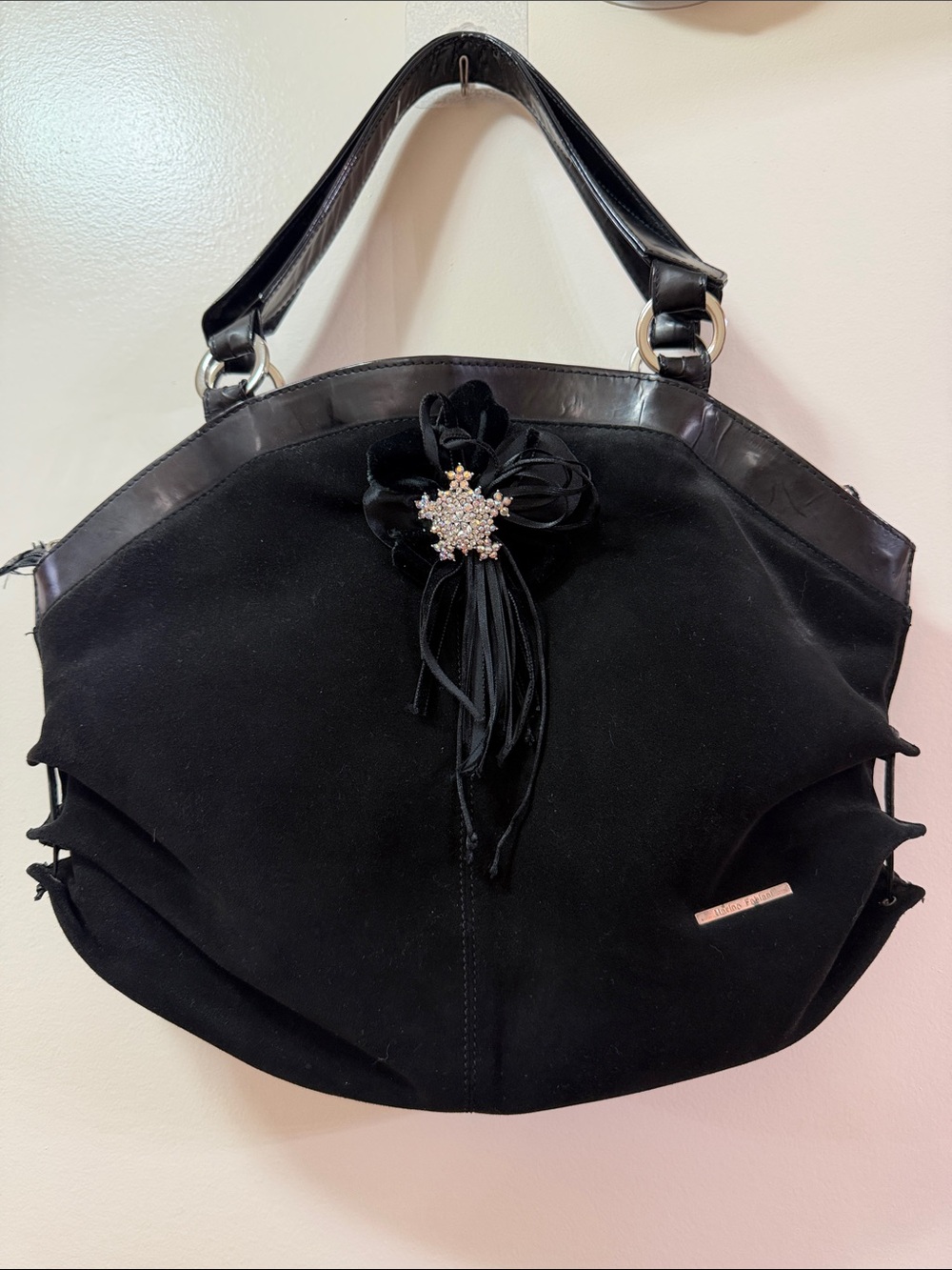 Marino Fabiani Vintage Black with Jeweled Floral Accent Suede Shoulder Bag